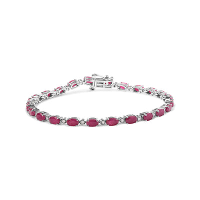 .925 Sterling Silver Oval Ruby and 1/4 Cttw Diamond Link Bracelet - Size 7.25" -  (I-J Color, I2-I3 Clarity) - RAGIMA Emporium