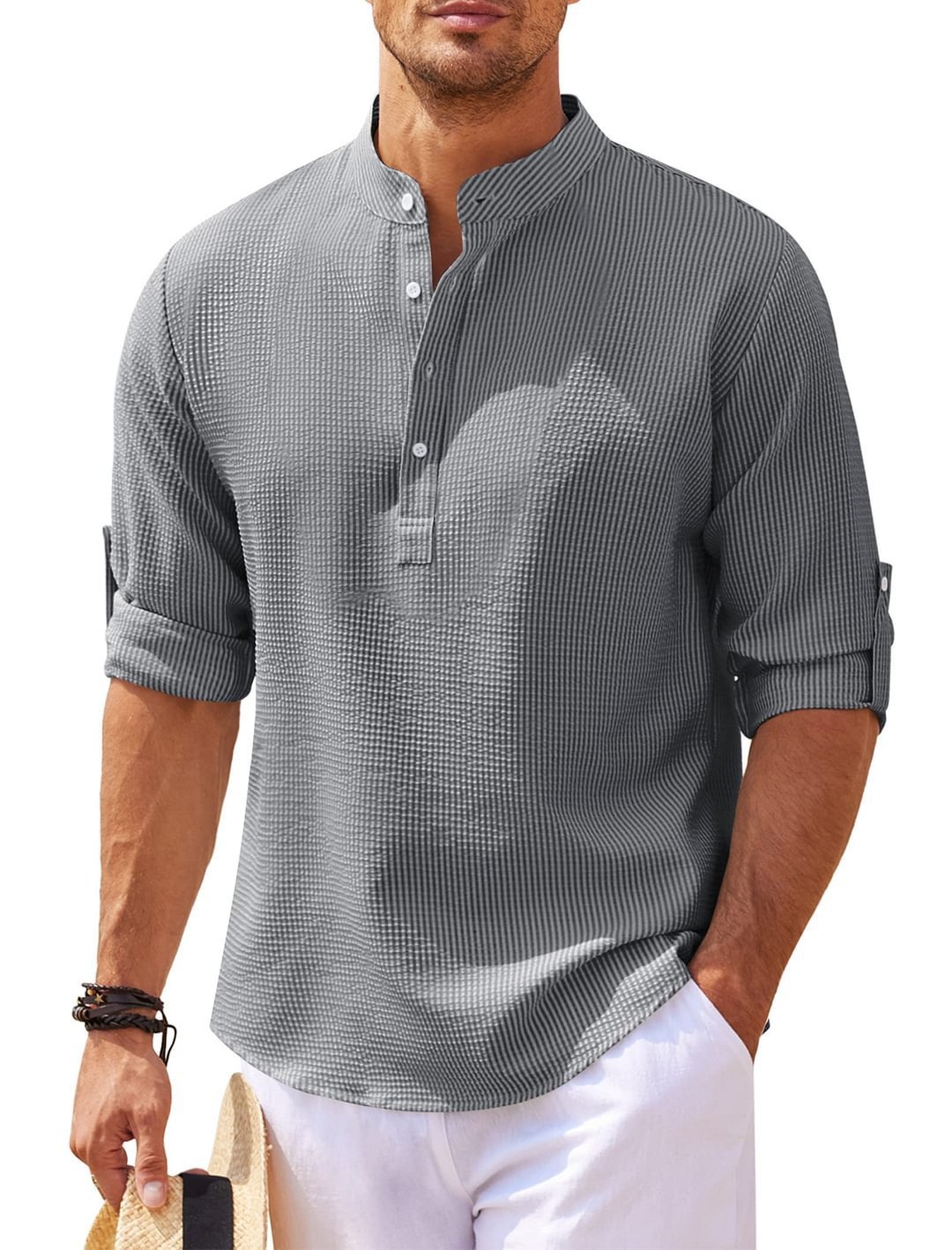 Men's Casual Shirt  Long Sleeve Stand Collar Solid Color Shirt Mens Clothing - RAGIMA Emporium