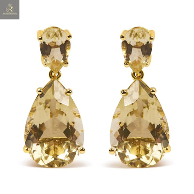 10K Yellow Gold Plated .925 Sterling Silver 11.0 Carat Pear Shaped Lime Quartz Dangle Drop Earring - RAGIMA Emporium