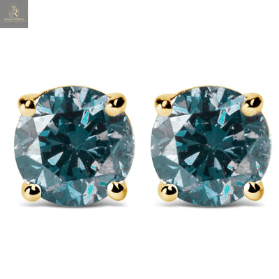 14K Gold Round Brilliant Cut Lab Grown Blue Diamond 4-Prong Classic Solitaire Stud Earrings with Screwbacks - RAGIMA Emporium