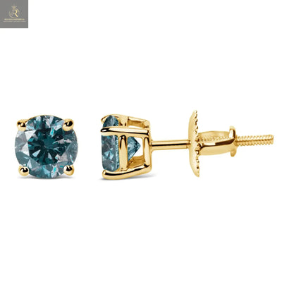 14K Gold Round Brilliant Cut Lab Grown Blue Diamond 4-Prong Classic Solitaire Stud Earrings with Screwbacks - RAGIMA Emporium