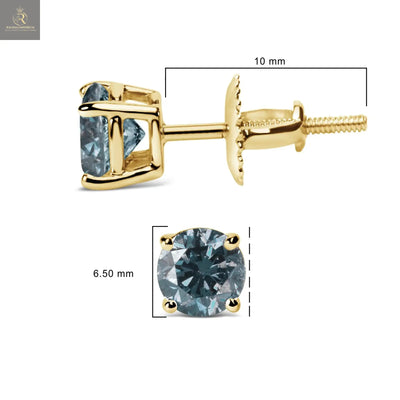 14K Gold Round Brilliant Cut Lab Grown Blue Diamond 4-Prong Classic Solitaire Stud Earrings with Screwbacks - RAGIMA Emporium