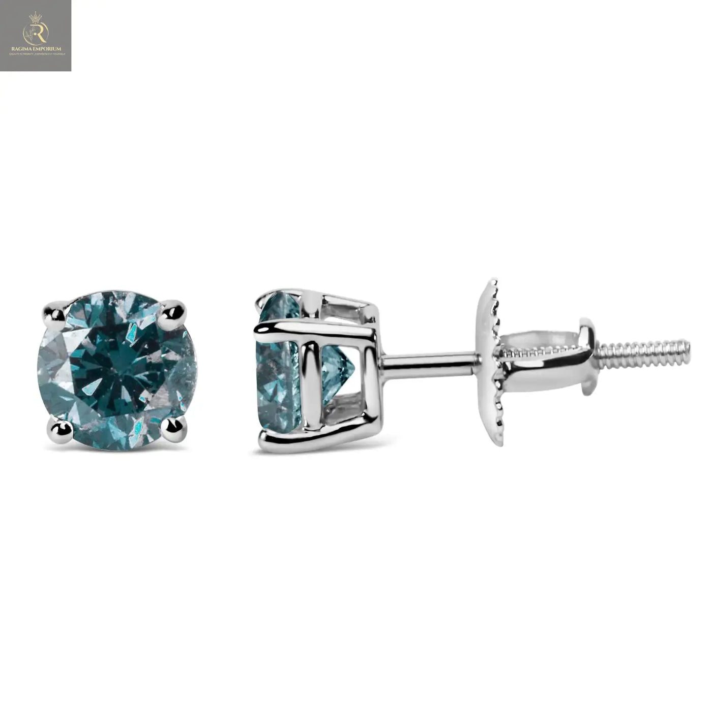 14K Gold Round Brilliant Cut Lab Grown Blue Diamond 4-Prong Classic Solitaire Stud Earrings with Screwbacks - RAGIMA Emporium