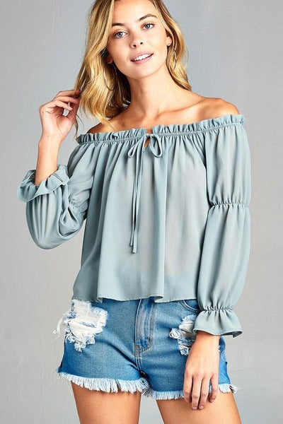 Women's Puff Long Sleeve Ruffled Front Tie Off Shoulder Top - RAGIMA Emporium