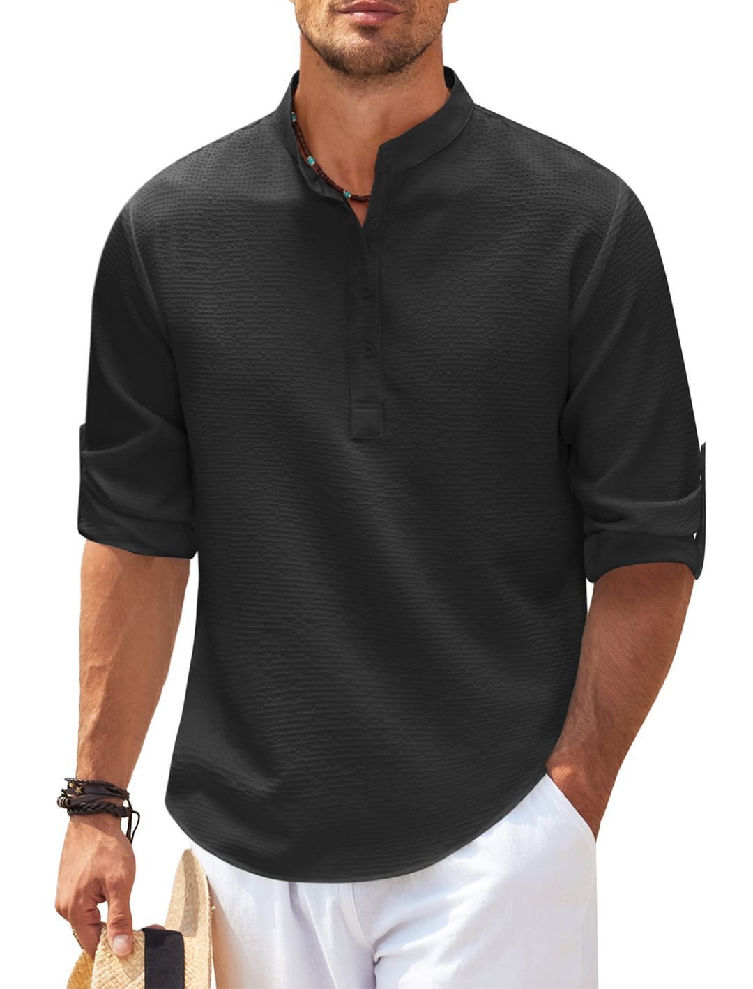 Men's Casual Shirt  Long Sleeve Stand Collar Solid Color Shirt Mens Clothing - RAGIMA Emporium