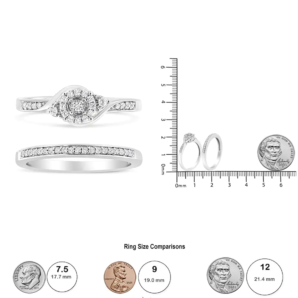 .925 Sterling Silver 1/4 Cttw Diamond Halo and Swirl Engagement Ring and Wedding Band Set (I-J Color, I3 Clarity) - RAGIMA Emporium