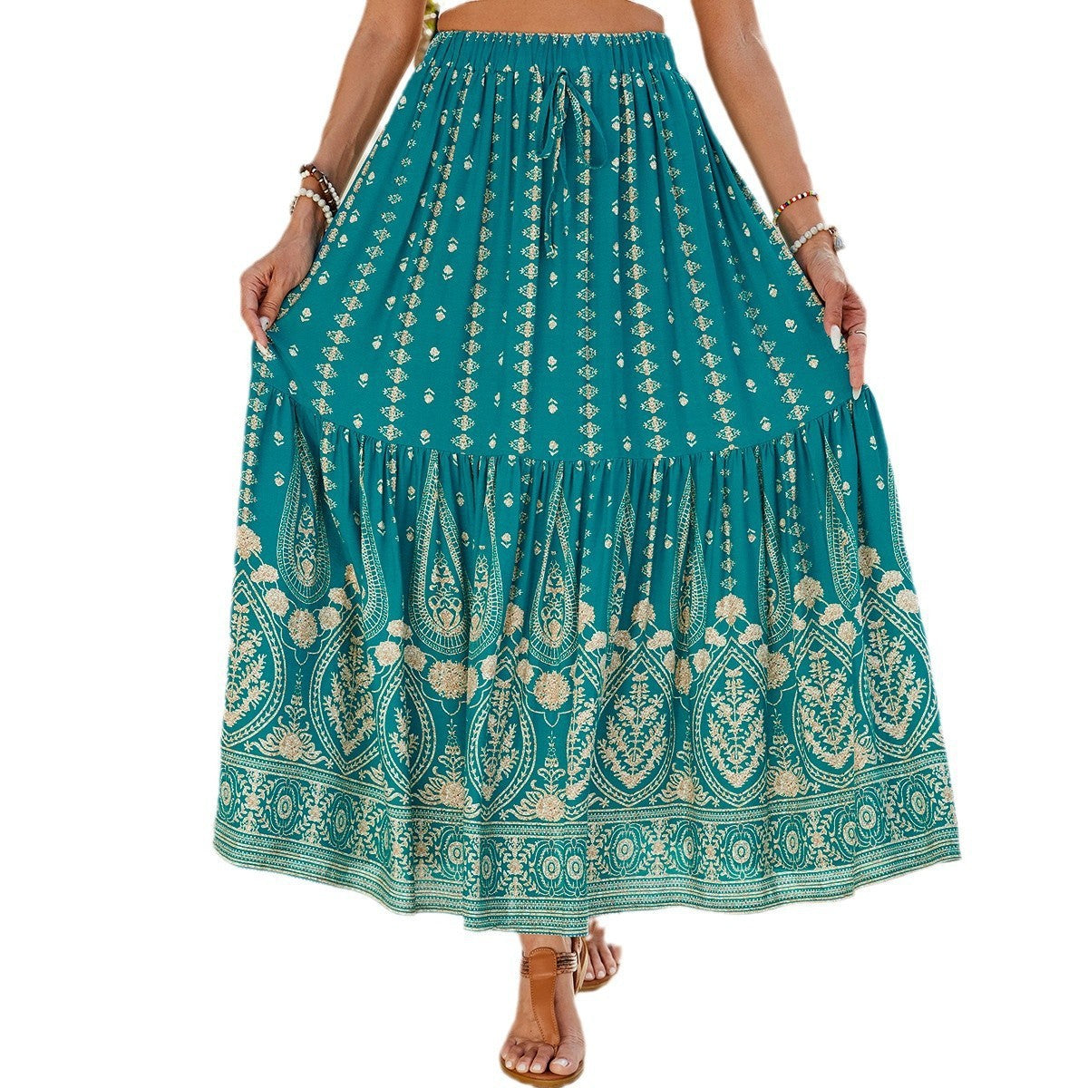 Women's Rayon Printed Stitching Skirt Wide Hem Beach Dress - RAGIMA Emporium