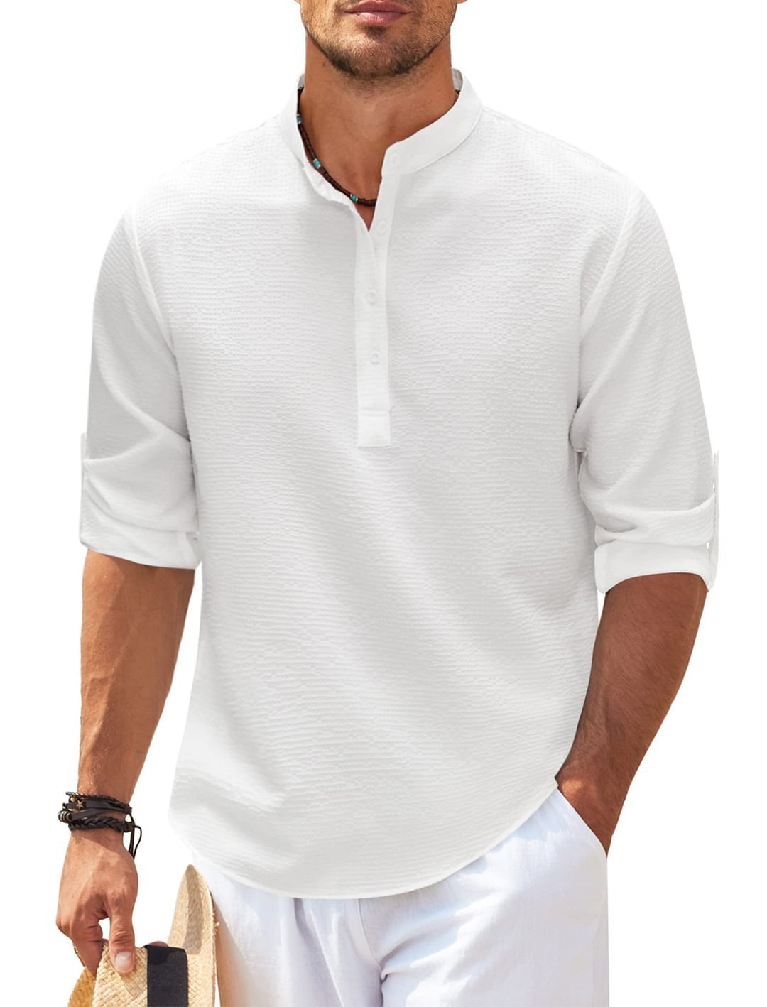 Men's Casual Shirt  Long Sleeve Stand Collar Solid Color Shirt Mens Clothing - RAGIMA Emporium