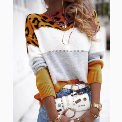 Casual Leopard Print Color-block Crew Neck Sweater - RAGIMA Emporium