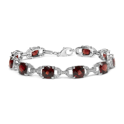 .925 Sterling Silver 7x7mm Checkered Cushion Red Garnet and Diamond Accent Fashion Tennis Link Bracelet (I-J Color, I1-I2 Clarity) - Size 7" Inch - RAGIMA Emporium