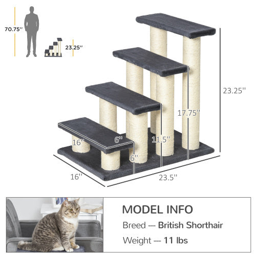 PawHut Cat Tree With 4 Steps For High Beds Couch, Cute Stair Shaped Cat Tree For Indoor Cats Or Dogs W Sisal Scratching Post, Climbing, Playing, Gray - RAGIMA Emporium