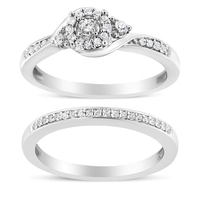 .925 Sterling Silver 1/4 Cttw Diamond Halo and Swirl Engagement Ring and Wedding Band Set (I-J Color, I3 Clarity) - RAGIMA Emporium