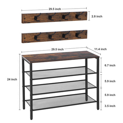 4-tier Shoe Rack With Grid Rack Wooden Rustic Foyer Shoe Rack With Coat Hook, Suitable For The Steel Frame Of The Living Room Mud Room At The Front Door Of The Corridor - RAGIMA Emporium