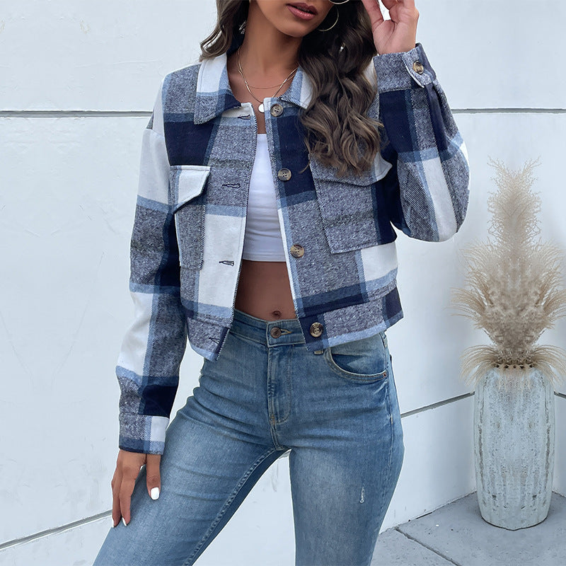 Plaid Lapel Cropped Jacket With Pockets Fashion Button Long Sleeve Short Outwear Tops Coat For Womens Clothing - RAGIMA Emporium