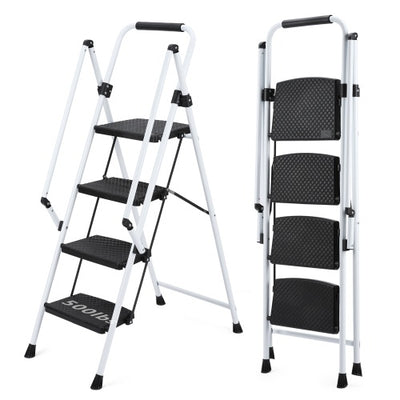 White Four-step Ladder, Light Folding Four-step Stool, Wide Anti-skid Pedal And Safety Handle, Strong Steel Ladder, Multi-purpose Ladder, Applicable To Family, Kitchen, Office Elevator - RAGIMA Emporium