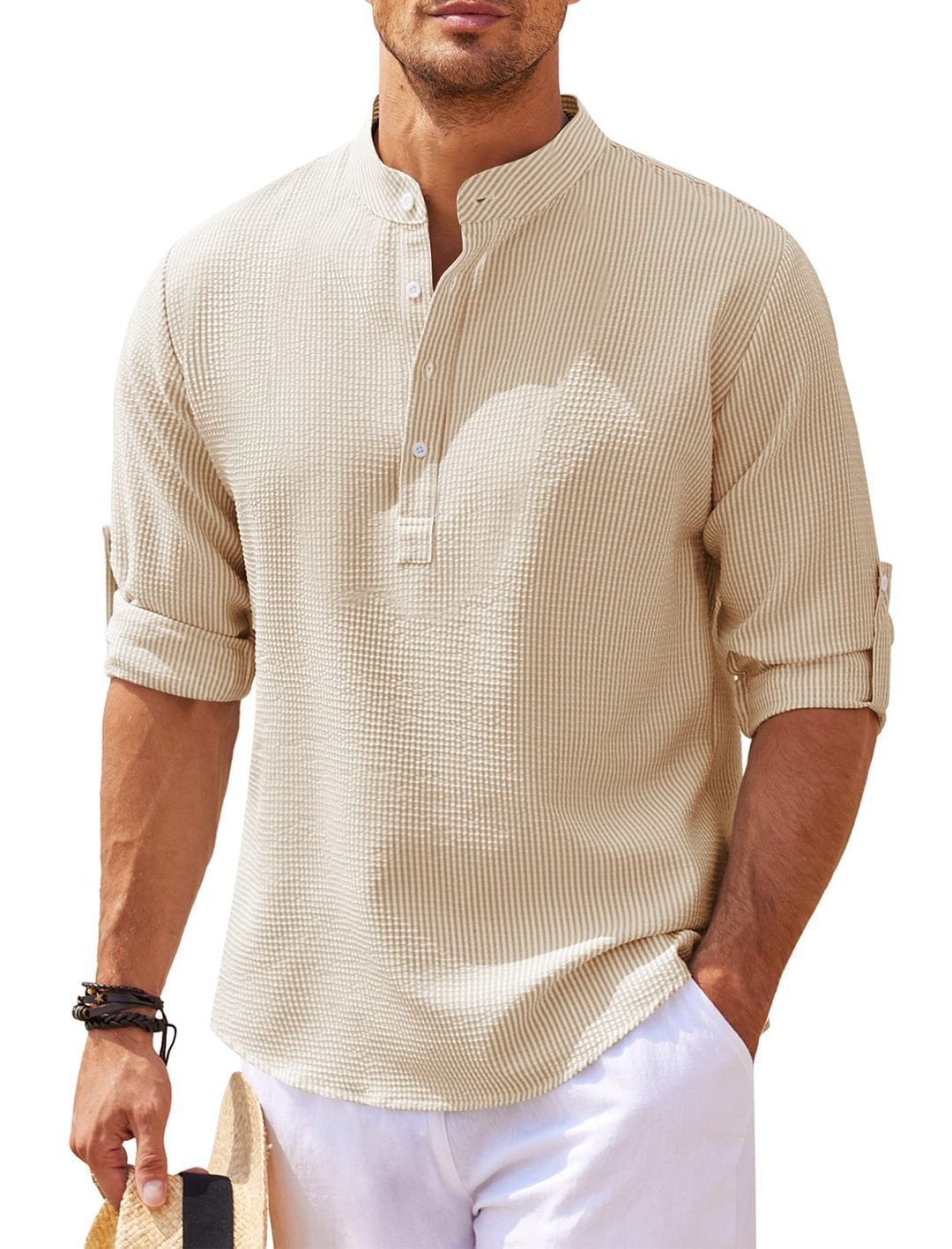 Men's Casual Shirt  Long Sleeve Stand Collar Solid Color Shirt Mens Clothing - RAGIMA Emporium