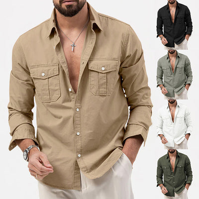 Men's Shirt Multi-pocket Solid Color Casual Long Sleeves Top - RAGIMA Emporium