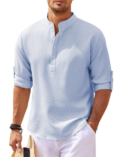 Men's Casual Shirt  Long Sleeve Stand Collar Solid Color Shirt Mens Clothing - RAGIMA Emporium