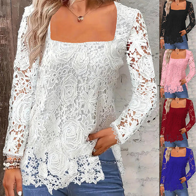 Fashion Long Sleeve Square Neck Tops Women Solid Color Floral Lace Shirt - RAGIMA Emporium