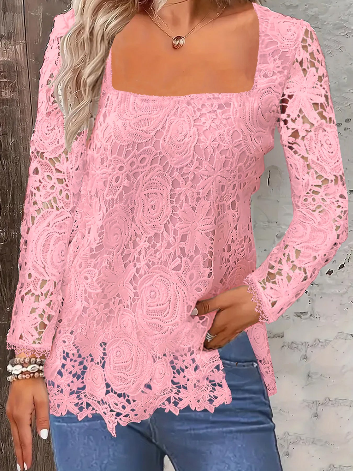 Fashion Long Sleeve Square Neck Tops Women Solid Color Floral Lace Shirt - RAGIMA Emporium