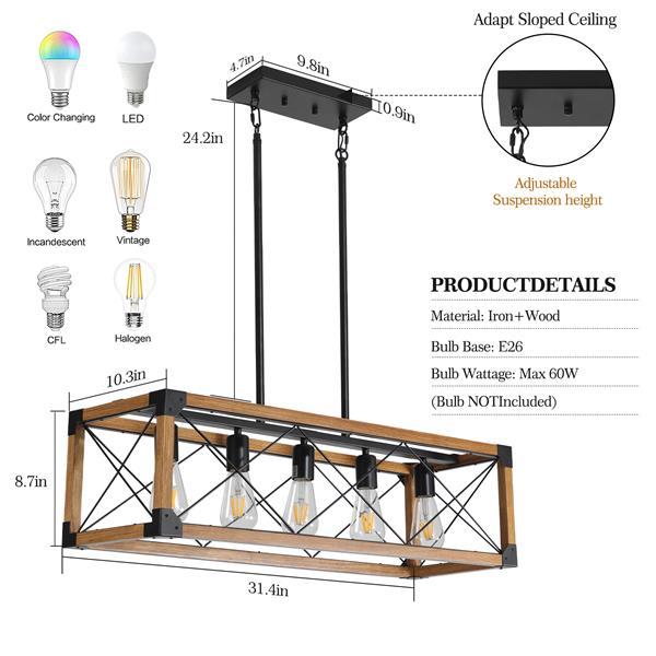 5-light Retro Farmhouse Pendant Light Suitable For Kitchen, Living Room, Dining Room Walnut Wood ,without Light Bulb,Prohibited Platform Temu Amazon - RAGIMA Emporium