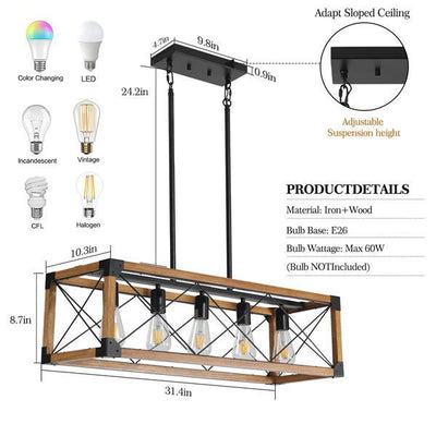 5-light Retro Farmhouse Pendant Light Suitable For Kitchen, Living Room, Dining Room Walnut Wood ,without Light Bulb,Prohibited Platform Temu Amazon - RAGIMA Emporium