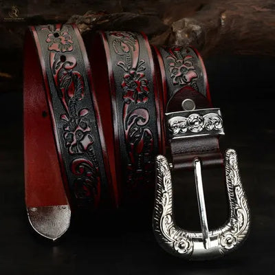 Carved Pin Buckle Leather Belt Head Layer Cowhide Embossed Belt - RAGIMA Emporium