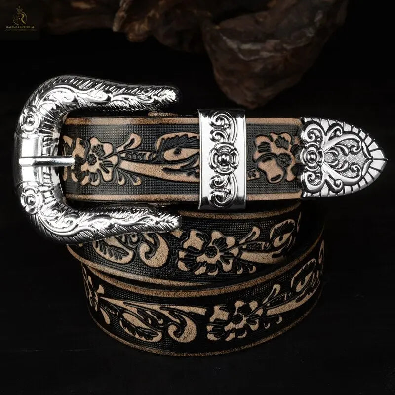 Carved Pin Buckle Leather Belt Head Layer Cowhide Embossed Belt - RAGIMA Emporium