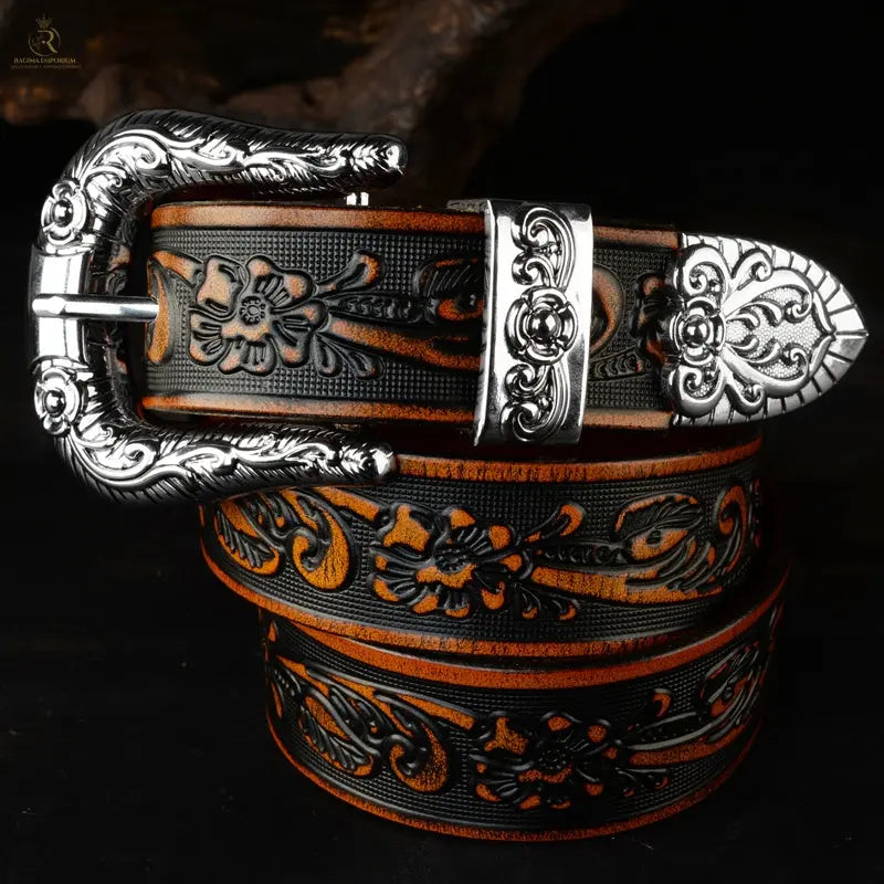 Carved Pin Buckle Leather Belt Head Layer Cowhide Embossed Belt - RAGIMA Emporium