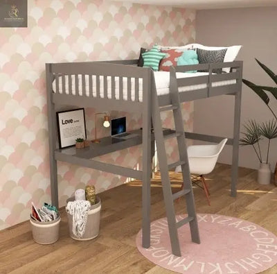 Everest Grey High Loft Bed With Desk And Storage, Heavy Duty Solid Wood Full Size Loft Bed Frame With Stairs For Kids And Toddlers, No Box Spring Needed - RAGIMA Emporium