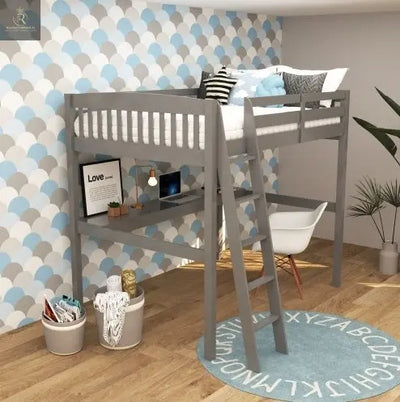 Everest Grey High Loft Bed With Desk And Storage, Heavy Duty Solid Wood Full Size Loft Bed Frame With Stairs For Kids And Toddlers, No Box Spring Needed - RAGIMA Emporium