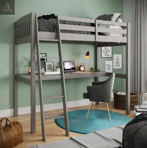 Everest Grey High Loft Bed With Desk And Storage, Heavy Duty Solid Wood Full Size Loft Bed Frame With Stairs For Kids And Toddlers, No Box Spring Needed - RAGIMA Emporium