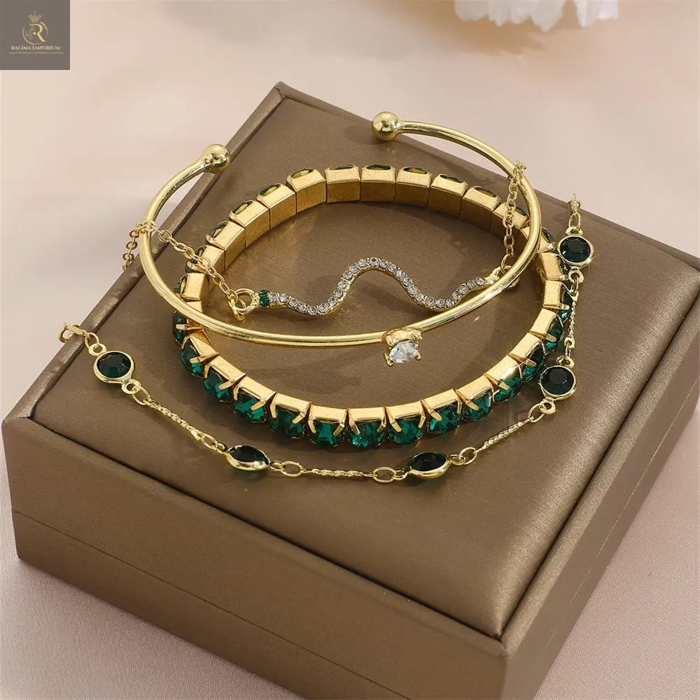 Fashion Green Grandmother Diamond Stretch Bracelet Women's 4-piece Set - RAGIMA Emporium