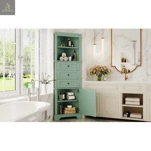 Green Triangular Tall Cabinet With 3 Drawers And Adjustable Shelves For Bathroom, Kitchen Or Living Room - RAGIMA Emporium