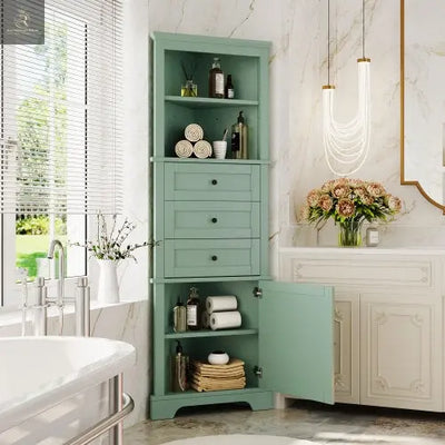 Green Triangular Tall Cabinet With 3 Drawers And Adjustable Shelves For Bathroom, Kitchen Or Living Room - RAGIMA Emporium