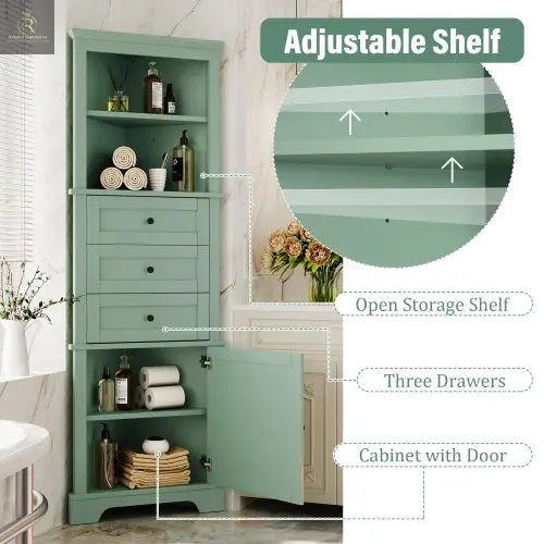 Green Triangular Tall Cabinet With 3 Drawers And Adjustable Shelves For Bathroom, Kitchen Or Living Room - RAGIMA Emporium