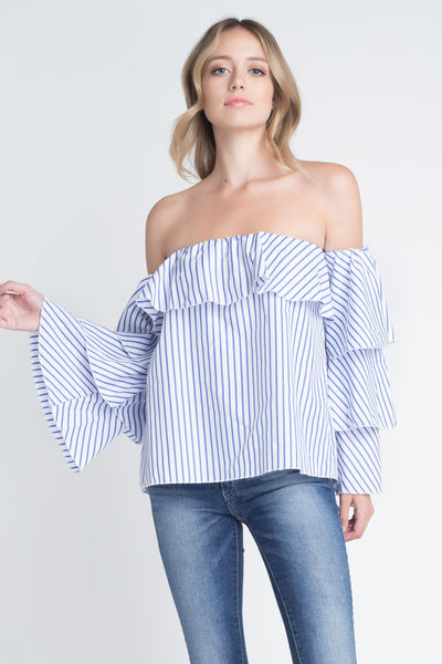 Women's Off Shoulder Stripe Ruffle Long Sleeve Top - RAGIMA Emporium