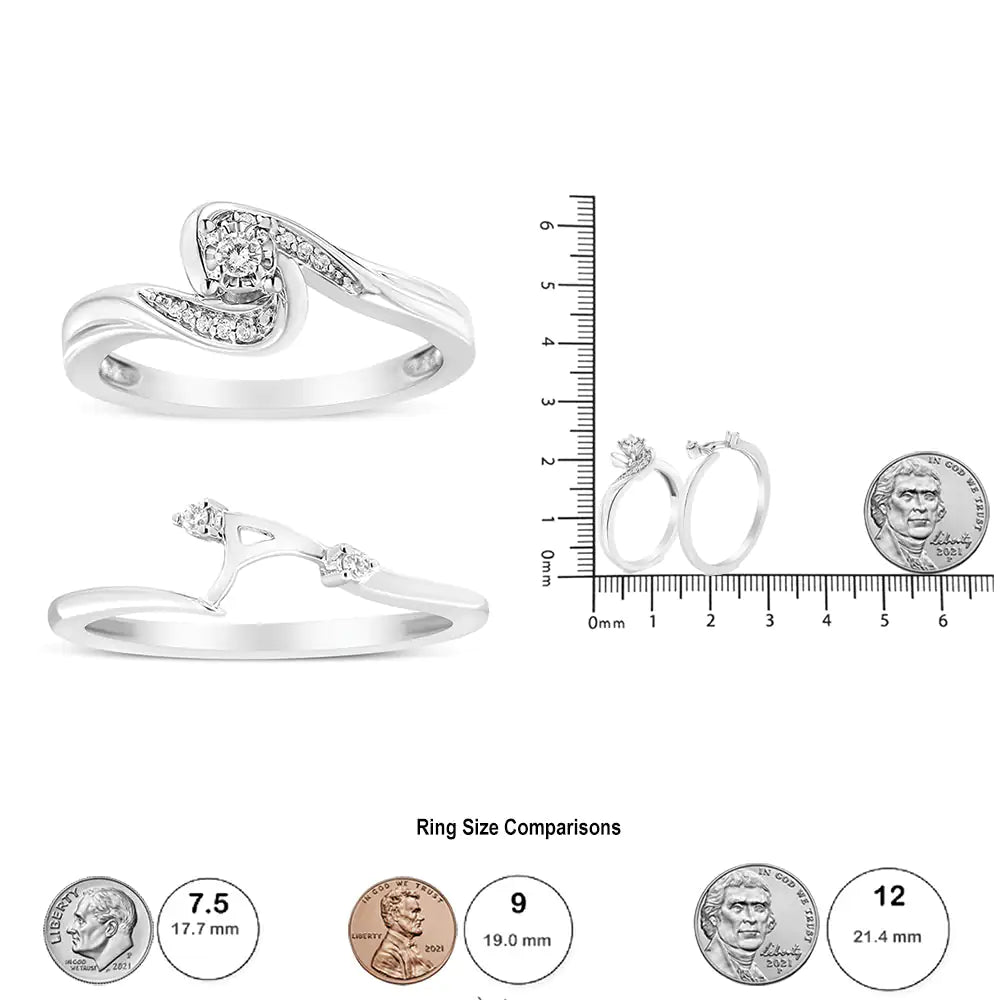 .925 Sterling Silver 1/10 Cttw Diamond Swirl and Bypass Bridal Set Ring and Band (I-J Color, I3 Clarity) - RAGIMA Emporium