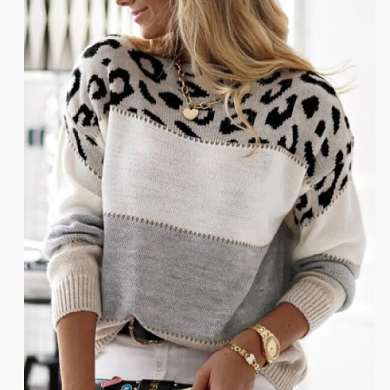 Casual Leopard Print Color-block Crew Neck Sweater - RAGIMA Emporium