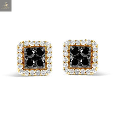 Men's 10K Yellow Gold 5/8 Cttw White and Black Treated Diamond Composite with Halo Stud Earring (Black / I-J, I2-I3 Clarity) - RAGIMA Emporium