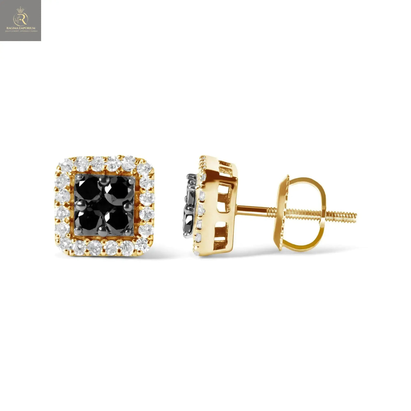 Men's 10K Yellow Gold 5/8 Cttw White and Black Treated Diamond Composite with Halo Stud Earring (Black / I-J, I2-I3 Clarity) - RAGIMA Emporium