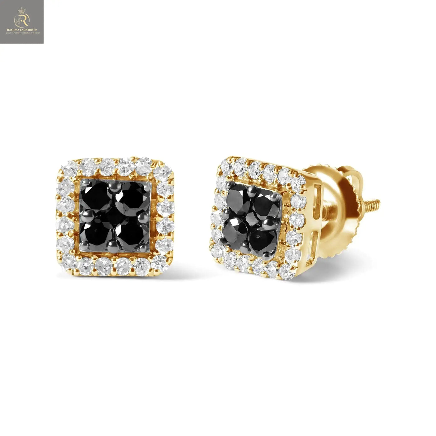 Men's 10K Yellow Gold 5/8 Cttw White and Black Treated Diamond Composite with Halo Stud Earring (Black / I-J, I2-I3 Clarity) - RAGIMA Emporium