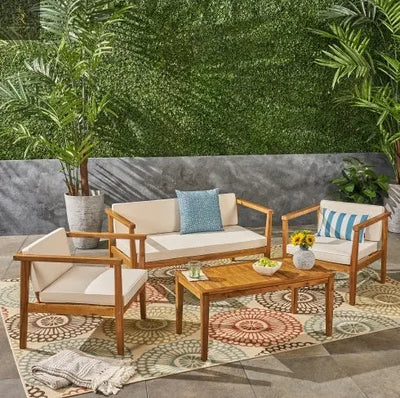 Outdoor 4-Seater Acacia Wood Chat Set With Coffee Table With Cushions, Teak And Beige - RAGIMA Emporium