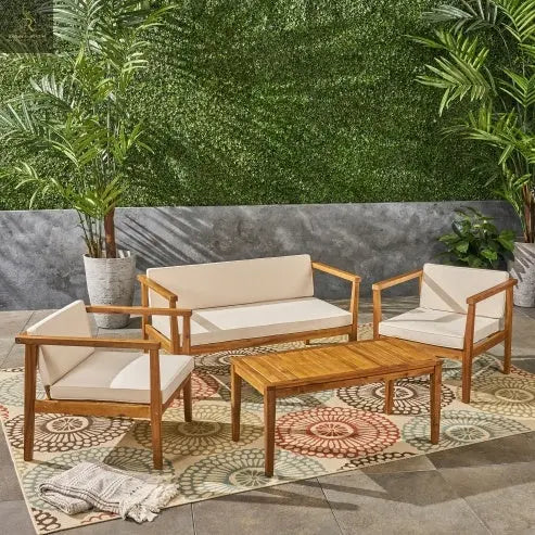 Outdoor 4-Seater Acacia Wood Chat Set With Coffee Table With Cushions, Teak And Beige - RAGIMA Emporium