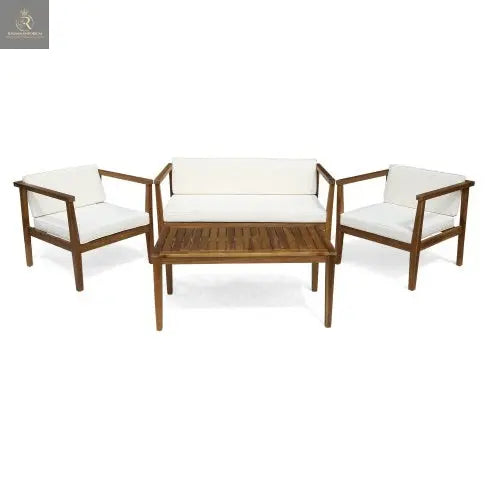 Outdoor 4-Seater Acacia Wood Chat Set With Coffee Table With Cushions, Teak And Beige - RAGIMA Emporium