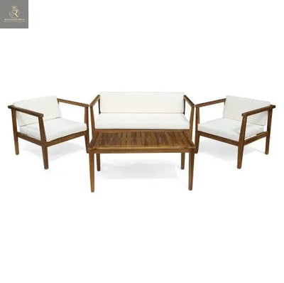 Outdoor 4-Seater Acacia Wood Chat Set With Coffee Table With Cushions, Teak And Beige - RAGIMA Emporium