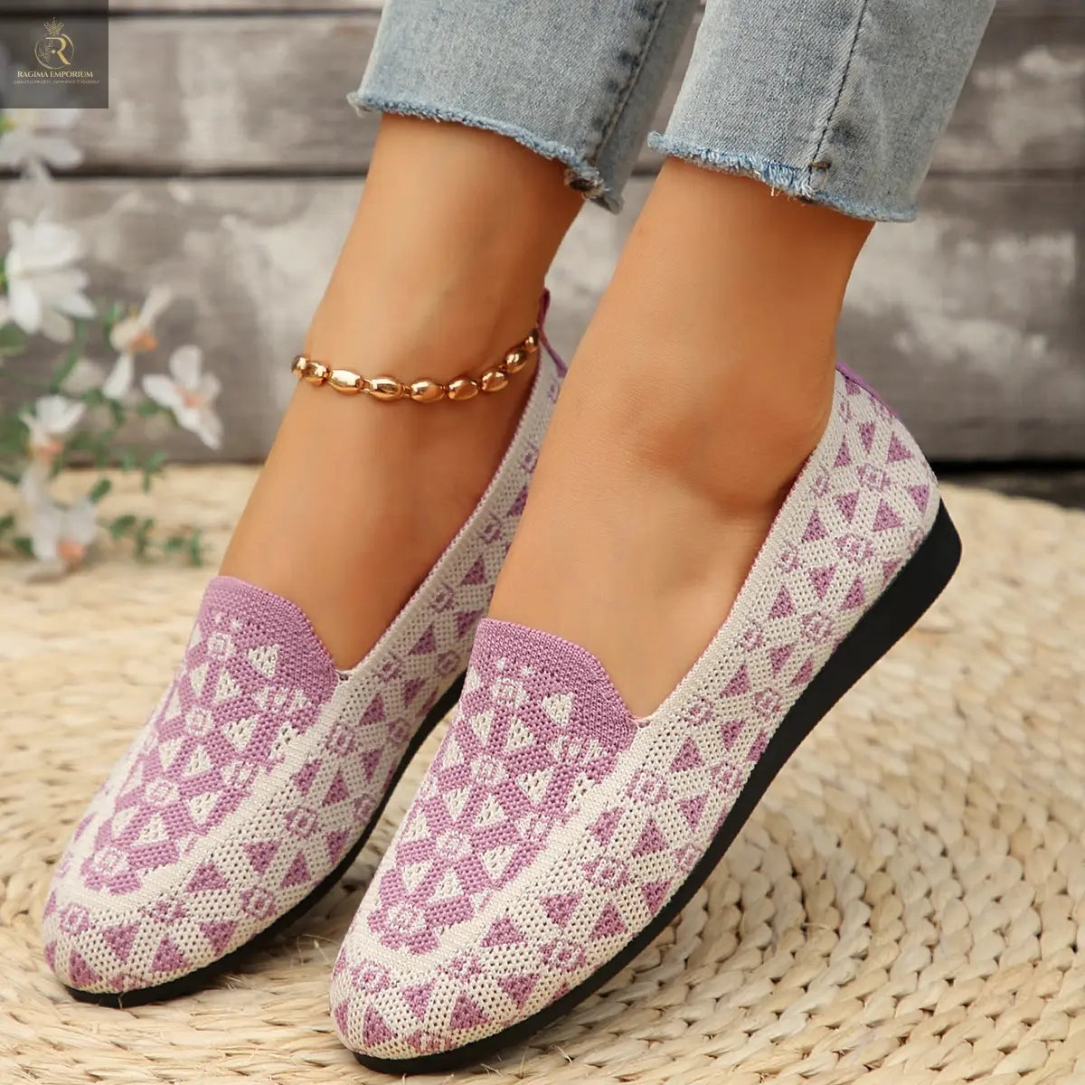 Printed Round Toe Flat Shoes Fashion Casual Hollow Breathable Knitted Shoes Loafers For Women - RAGIMA Emporium