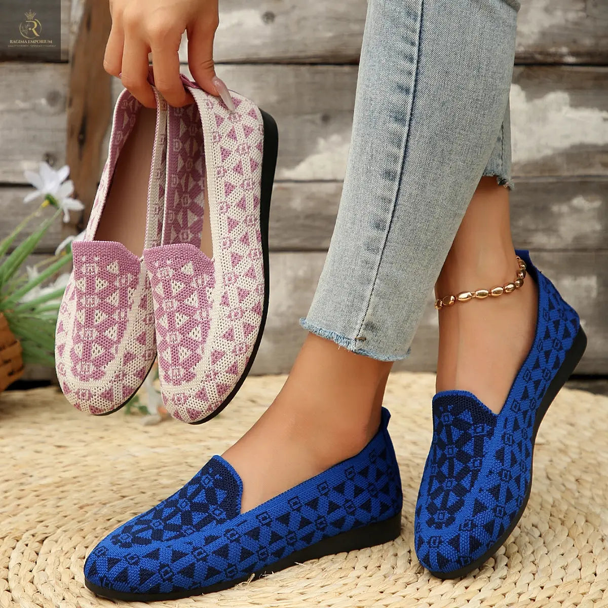 Printed Round Toe Flat Shoes Fashion Casual Hollow Breathable Knitted Shoes Loafers For Women - RAGIMA Emporium