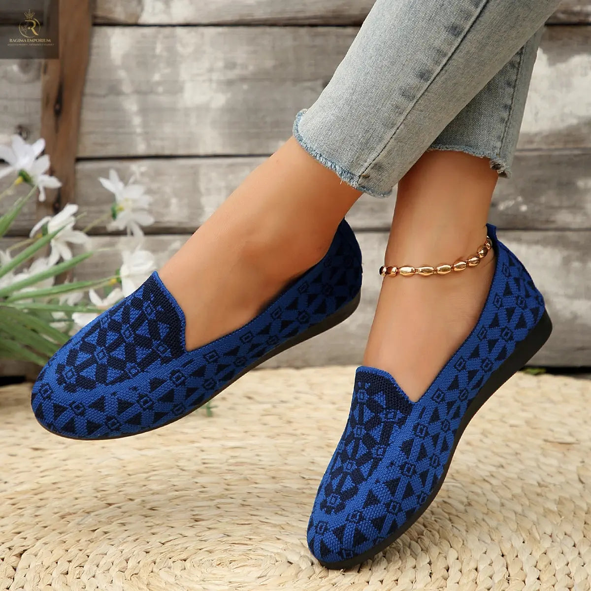 Printed Round Toe Flat Shoes Fashion Casual Hollow Breathable Knitted Shoes Loafers For Women - RAGIMA Emporium