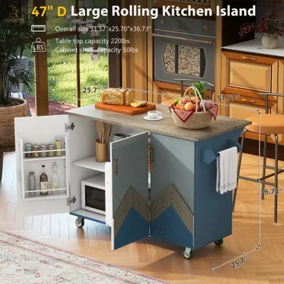 Retro Mountain Wood 47D Kitchen Island With Drop Leaf, Accent Cabinet With Internal Storage Rack, Farmhouse Rolling Kitchen Cart On Wheels For Living Room, Kitchen, Dining Room - RAGIMA Emporium